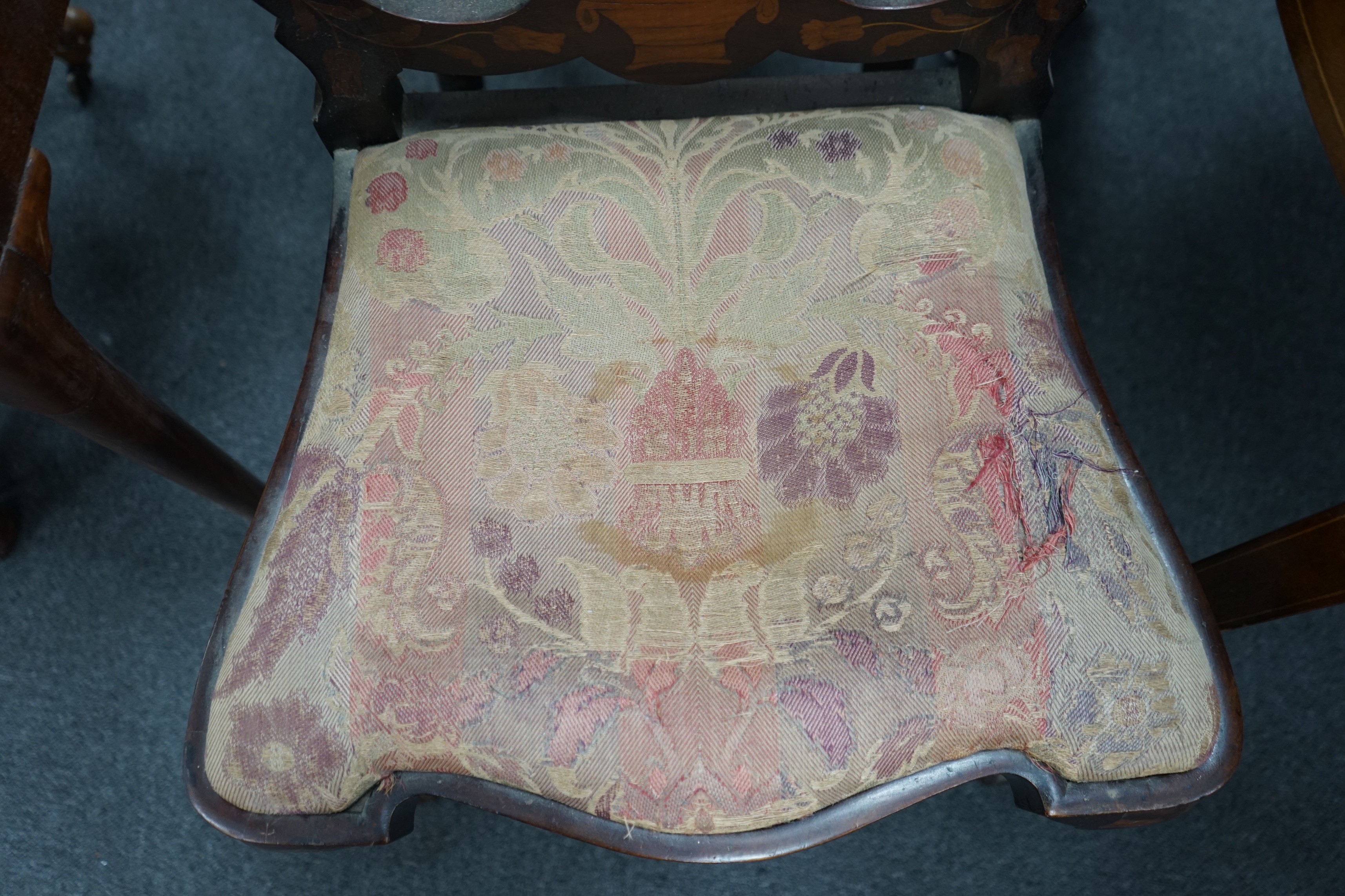 A pair of early 19th century Dutch floral marquetry walnut dining chairs, height 112cm